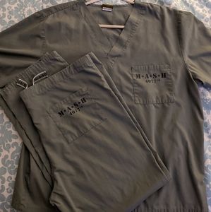 Army green M*A*S*H 4077th matching scrub set.